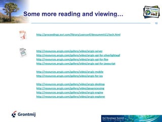 16Some more reading and viewing…http://proceedings.esri.com/library/userconf/devsummit11/tech.htmlhttp://resources.arcgis.com/gallery/video/arcgis-serverhttp://resources.arcgis.com/gallery/video/arcgis-api-for-silverlightwpfhttp://resources.arcgis.com/gallery/video/arcgis-api-for-flexhttp://resources.arcgis.com/gallery/video/arcgis-api-for-javascripthttp://resources.arcgis.com/gallery/video/arcgis-mobilehttp://resources.arcgis.com/gallery/video/arcgis-for-ioshttp://resources.arcgis.com/gallery/video/arcgis-desktophttp://resources.arcgis.com/gallery/video/geoprocessinghttp://resources.arcgis.com/gallery/video/arcgis-enginehttp://resources.arcgis.com/gallery/video/arcgis-explorer