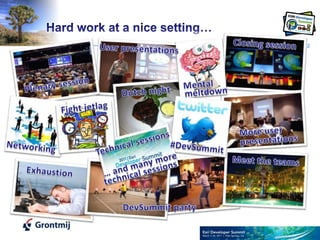 2Hard work at a nice setting…Closing sessionUser presentationsMentalPlenary sessionDutch nightmeltdownFight jetlagMore user presentationsTechnical sessionsNetworking#DevSummitMeet the teams… and many moreExhaustiontechnical sessionsDevSummit party