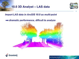 910.0 3D Analyst – LAS dataImport LAS data in ArcGIS 10.0 as multi-point      dramatic performance, dificult to analyze