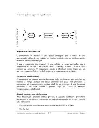 Modelo de Melhoria e Ferramentas da Qualidade 1-10 Programa Black Belt – UNICAMP
Esse mapa pode ser representado graficamente
Mapeamento de processo
O mapeamento de processo é uma técnica empregada para a criação de uma
representação gráfica de um processo por inteiro, incluindo todas as interfaces, pontos
de decisão e fontes de informação.
O que é exatamente um processo? É uma coleção de ações executadas para o
fornecimento de produtos e serviços aos clientes. Todo negócio inclui centenas e talvez
milhares de processos. O mapeamento auxilia a identificar pontos fracos em um
processo, economizando tempo e dinheiro para você, sua empresa e seus clientes.
Por que usar esta ferramenta?
O mapeamento de processo permite documentar todos os elementos que compõem um
processo e corrigir qualquer um desses elementos que esteja com problemas. O
mapeamento de processo mostra o estado atual de um processo e é uma ferramenta
importante a ser usada durante a primeira etapa do Modelo de Melhoria,
Compreendendo o estado atual
Antes de começar a usar esta ferramenta
Antes de começar a criar um mapa de processo, é necessário identificar o proprietário
do processo e esclarecer a função que ele precisa desempenhar na equipe. Também
serão necessários:
• Um representante de cada função ou etapa chave do processo ou negócio
• Um flip chart
F
O
R
N
E
C
E
D
O
R
E
S
OutputsInputs Processo
C
L
I
E
N
T
E
S
 