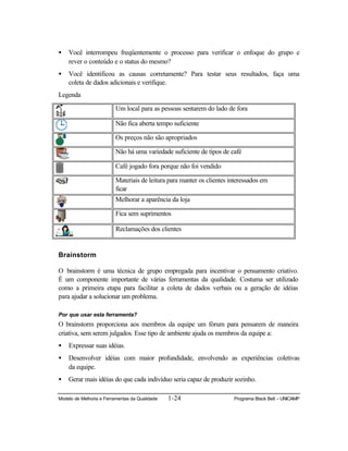 Modelo de Melhoria e Ferramentas da Qualidade 1-24 Programa Black Belt – UNICAMP
• Você interrompeu freqüentemente o processo para verificar o enfoque do grupo e
rever o conteúdo e o status do mesmo?
• Você identificou as causas corretamente? Para testar seus resultados, faça uma
coleta de dados adicionais e verifique.
Legenda
Um local para as pessoas sentarem do lado de fora
Não fica aberta tempo suficiente
Os preços não são apropriados
Não há uma variedade suficiente de tipos de café
Café jogado fora porque não foi vendido
Materiais de leitura para manter os clientes interessados em
ficar
Melhorar a aparência da loja
Fica sem suprimentos
Reclamações dos clientes
Brainstorm
O brainstorm é uma técnica de grupo empregada para incentivar o pensamento criativo.
É um componente importante de várias ferramentas da qualidade. Costuma ser utilizado
como a primeira etapa para facilitar a coleta de dados verbais ou a geração de idéias
para ajudar a solucionar um problema.
Por que usar esta ferramenta?
O brainstorm proporciona aos membros da equipe um fórum para pensarem de maneira
criativa, sem serem julgados. Esse tipo de ambiente ajuda os membros da equipe a:
• Expressar suas idéias.
• Desenvolver idéias com maior profundidade, envolvendo as experiências coletivas
da equipe.
• Gerar mais idéias do que cada indivíduo seria capaz de produzir sozinho.
 