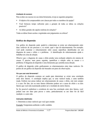 Modelo de Melhoria e Ferramentas da Qualidade 1-27 Programa Black Belt – UNICAMP
Avaliação do sucesso
Para avaliar seu sucesso no uso desta ferramenta, reveja as seguintes perguntas:
• O objetivo foi compreendido com clareza por todos os membros da equipe?
• Você forneceu tempo suficiente para a geração de todas as idéias ou soluções
possíveis?
• As idéias geradas são opções realistas de soluções?
Todas as idéias foram aceitas e registradas sem julgamentos ou críticas?
Gráfico de dispersão
Um gráfico de dispersão pode ajudá-lo a determinar se existe um relacionamento entre
duas variáveis de um processo e, se existir, qual o tipo de relacionamento. Por exemplo,
você pode examinar o relacionamento entre causas específicas identificadas em um
diagrama de causa e efeito e o problema. A identificação do relacionamento ajuda a
trabalhar em cima da solução.
Observe que o diagrama de causa e efeito produz uma avaliação subjetiva do sistema de
causas. É preciso, num passo seguinte, quantificar a relação entre as causas e o
problema. O diagrama de dispersão é uma ferramenta que caminha nessa direção.
O gráfico de dispersão exibe graficamente os relacionamentos entre duas variáveis. Os
pontos de um gráfico de dispersão são baseados em pares de observações.
Por que usar esta ferramenta?
O gráfico de dispersão costuma ser usado para determinar se existe uma correlação
entre dois fatores. A correlação implica que, se uma variável muda, a outra também
muda. Embora isso possa indicar um relacionamento de causa e efeito, este nem sempre
é o caso. De fato, um ou mais fatores diferentes podem ser a causa do efeito e os dois
fatores que você está examinando podem ser o resultado de outros fatores.
Se for possível estabelecer a existência de uma boa correlação entre dois fatores, você
poderá usar um fator para prever o outro, particularmente se um fator for de fácil
medição e o outro não.
Instruções detalhadas
1. Determine as duas variáveis que você quer estudar.
Exemplo:Temperatura ambiente e cafés vendidos
 
