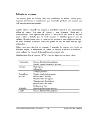 Modelo de Melhoria e Ferramentas da Qualidade 1-9 Programa Black Belt – UNICAMP
Definição do processo
Um processo pode ser definido como uma combinação de pessoas, matéria prima,
máquinas, informações e procedimentos que combinados produzem um resultado que
pode ser um produto ou um serviço.
Quando estamos estudando um processo, é importante desenvolver uma representação
gráfica do mesmo. Um mapa de processo é uma ferramenta valiosa para o
desenvolvimento dessa representação gráfica. A utilização de um mapa de processo
ajuda a definir o trabalho que está sendo realizado e a identificar possíveis áreas de
melhoria. Na maioria dos casos, as causas de um problema e suas soluções se baseiam
em como o trabalho é realizado e em como poderia ser feito no futuro para que fique
ainda melhor.
Elabore uma breve descrição do processo. A descrição do processo deve incluir os
principais estágios, os fornecedores, os clientes, as entradas, as saídas e as variáveis a
serem medidas. Use o modelo de descrição do processo como guia.
Modelo de descrição de processo (SIPOC – Supplier, input, process, output, client)
Fornecedores Pessoas, departamentos, empresas
Função: fornecer entradas ao processo
Entradas Matéria prima
Informações
Descrição do
processo
Nome do processo:
Estágios principais do processo:
O que acontece primeiro
O que acontece em seguida
O que acontece depois disso
O que acontece por último
Resultados
Produtos e serviços
O que é produzido pelo processo
Clientes Pessoas, departamentos, empresas
 