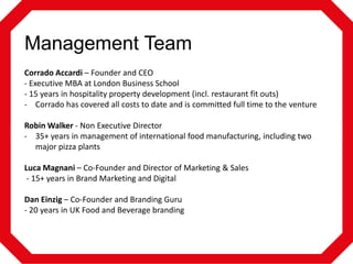 Management Team
Corrado Accardi – Founder and CEO
- Executive MBA at London Business School
- 15 years in hospitality property development (incl. restaurant fit outs)
- Corrado has covered all costs to date and is committed full time to the venture
Robin Walker - Non Executive Director
- 35+ years in management of international food manufacturing, including two
major pizza plants
Luca Magnani – Co-Founder and Director of Marketing & Sales
- 15+ years in Brand Marketing and Digital
Dan Einzig – Co-Founder and Branding Guru
- 20 years in UK Food and Beverage branding

 