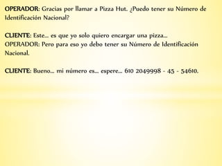 OPERADOR: Gracias por llamar a Pizza Hut. ¿Puedo tener su Número de
Identificación Nacional?
CLIENTE: Este... es que yo solo quiero encargar una pizza...
OPERADOR: Pero para eso yo debo tener su Número de Identificación
Nacional.
CLIENTE: Bueno... mi número es... espere... 610 2049998 - 45 - 54610.
 