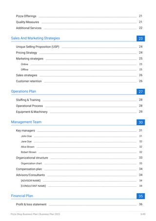 Pizza Offerings 21
Quality Measures 21
Additional Services 22
Sales And Marketing Strategies 23
Unique Selling Proposition (USP) 24
Pricing Strategy 24
Marketing strategies 25
Online 25
Offline 25
Sales strategies 26
Customer retention 26
Operations Plan 27
Staffing & Training 28
Operational Process 28
Equipment & Machinery 29
Management Team 30
Key managers 31
John Doe 31
Jane Doe 32
Alice Brown 32
Robert Brown 32
Organizational structure 33
Organization chart 33
Compensation plan 34
Advisors/Consultants 34
[ADVISOR NAME] 34
[CONSULTANT NAME] 34
Financial Plan 35
Profit & loss statement 36
Pizza Shop Business Plan | Business Plan 2023 3/49
 