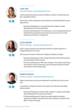 JANE DOE
General Manager - jane.doe@example.com
Jane's operational prowess ensures that [Slice of Heaven Pizzeria] functions
like a well-oiled machine.
She excels in staff management and coordinates seamlessly between various
departments.
Educational Background: Jane graduated with a degree in Hotel
Management from [University Name].
Professional Background: Prior to joining us, Jane managed operations at
[Another Renowned Restaurant], where she was known for her team
leadership and efficient management.
•
•
ALICE BROWN
Kitchen Manager - alice.brown@example.com
Alice's culinary expertise and meticulous attention to detail make her an
indispensable part of our team.
She ensures our kitchen maintains the highest standards of quality.
Educational Background: Alice trained at [Culinary School Name], where
she specialized in Italian Cuisine.
Professional Background: With over a decade in the culinary world, Alice
has worked in top-tier restaurants such as [Famous Restaurant Name]
and [Another Famous Restaurant].
•
•
ROBERT BROWN
Delivery Manager - robert.brown@example.com
Robert ensures that our pizzas are delivered to customers hot, fresh, and on
time.
His expertise in logistics has led to the creation of an efficient and reliable
delivery system.
Educational Background: Robert holds a degree in Logistics and Supply
Chain Management from [University Name].
Professional Background: Robert previously headed the delivery
operations at [Major Food Delivery Service], making him a perfect fit for
[Slice of Heaven Pizzeria].
•
•
Pizza Shop Business Plan | Business Plan 2023 32/49
 