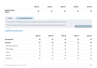 Retained Earning
Closing
$0 $0 $0 $0 $0
2023-24 2024-25 2025-26 2026-27 2027-28
Cash flow statement
Cash Received $0 $0 $0 $0 $0
Cash Paid $0 $0 $0 $0 $0
COS & General Expenses $0 $0 $0 $0 $0
Salary & Wages $0 $0 $0 $0 $0
Interest $0 $0 $0 $0 $0
Sales Tax $0 $0 $0 $0 $0
Income Tax $0 $0 $0 $0 $0
2023-24 2024-25 2025-26 2026-27 2027-28
The cash flow for the first few years of your operation should be estimated and described in this section.
This may include billing invoices, payment receipts, loan payments, and any other cash flow statements.
To unlock help try Upmetrics! 
 Help tip  Pizza Shop Business Plan
Pizza Shop Business Plan | Business Plan 2023 39/49
 