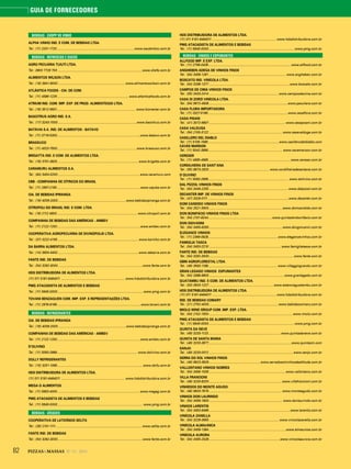82 PIZZAS&MASSAS Nº 12 - 2014
GUIA DE FORNECEDORES
BEBIDAS - CHOPP DE VINHO
ALPHA VINHO IND. E COM. DE BEBIDAS LTDA.
Tel.: (11) 2201-1720....................................................................................... www.oautentico.com.br
BEBIDAS - REFRESCOS E SUCOS
AGRO PECUÁRIA TUIUTI LTDA.
Tel.: 0800 7729 700 ...............................................................................................www.shefa.com.br
ALIMENTOS WILSON LTDA.
Tel.: (18) 3941-9000............................................................................ www.alimentoswilson.com.br
ATLÂNTICA FOODS - CIA. DE COM.
Tel.: (11) 4586-1226................................................................................. www.atlanticafoods.com.br
ATRIUM IND. COM. IMP. EXP. DE PROD. ALIMENTÍCIOS LTDA.
Tel.: (19) 3512-9501......................................................................................... www.bionectar.com.br
BASCITRUS AGRO IND. S.A.
Tel.: (17) 3243-7000.........................................................................................www.bascitrus.com.br
BATÁVIA S.A. IND. DE ALIMENTOS - BATAVO
Tel.: (11) 3718-5300..............................................................................................www.batavo.com.br
BRASSUCO
Tel.: (11) 4023-7500..........................................................................................www.brassuco.com.br
BRIGATTA IND. E COM. DE ALIMENTOS LTDA.
Tel.: (18) 3701-3825............................................................................................www.brigatta.com.br
CARAMURU ALIMENTOS S.A.
Tel.: (64) 3404-0200............................................................................................ www.caramuru.com
CBB - COMPANHIA DE CÍTRICOS DO BRASIL
Tel.: (11) 2697-2160..............................................................................................www.cajuba.com.br
CIA. DE BEBIDAS IPIRANGA
Tel.: (16) 4009-2000.............................................................................www.bebidasipiranga.com.br
CITROPOLI DO BRASIL IND. E COM. LTDA.
Tel.: (19) 2112 4900........................................................................................... www.citropoli.com.br
COMPANHIA DE BEBIDAS DAS AMÉRICAS - AMBEV
Tel.: (11) 2122-1200..............................................................................................www.ambev.com.br
COOPERATIVA AGROPECUÁRIA DE DIVINÓPOLIS LTDA.
Tel.: (37) 3222-4155 ........................................................................................... www.karinho.com.br
DA BARRA ALIMENTOS LTDA.
Tel.: (14) 3604-4400 ...........................................................................................www.dabarra.com.br
FANTE IND. DE BEBIDAS
Tel.: (54) 3262-3000................................................................................................www.fante.com.br
HDS DISTRIBUIDORA DE ALIMENTOS LTDA.
(11) 011 5181-6464011 ........................................................................ www.hdsdistribuidora.com.br
PMG ATACADISTA DE ALIMENTOS E BEBIDAS
Tel.: (11) 5645-0000 ................................................................................................ www.pmg.com.br
TOVANI BENZAQUEN COM. IMP. EXP. E REPRESENTAÇÕES LTDA.
Tel.: (11) 2976-9166...............................................................................................www.tovani.com.br
BEBIDAS - REFRIGERANTES
CIA. DE BEBIDAS IPIRANGA
Tel.: (16) 4009-2000.............................................................................www.bebidasipiranga.com.br
COMPANHIA DE BEBIDAS DAS AMÉRICAS - AMBEV
Tel.: (11) 2122-1200..............................................................................................www.ambev.com.br
D’OLIVINO
Tel.: (11) 5093-2669........................................................................................... www.dolivino.com.br
DOLLY REFRIGERANTES
Tel.: (15) 3251-1099.................................................................................................www.dolly.com.br
HDS DISTRIBUIDORA DE ALIMENTOS LTDA.
(11) 011 5181-6464011 ........................................................................ www.hdsdistribuidora.com.br
MEGA G ALIMENTOS.
Tel.: (11) 5853-4000 ............................................................................................ www.megag.com.br
PMG ATACADISTA DE ALIMENTOS E BEBIDAS
Tel.: (11) 5645-0000 ................................................................................................ www.pmg.com.br
BEBIDAS - UÍSQUES
COOPERATIVA DE LATICÍNIOS SELITA
Tel.: (28) 2101-1111 ................................................................................................. www.selita.com.br
FANTE IND. DE BEBIDAS
Tel.: (54) 3262-3000................................................................................................www.fante.com.br
HDS DISTRIBUIDORA DE ALIMENTOS LTDA.
(11) 011 5181-6464011 ........................................................................ www.hdsdistribuidora.com.br
PMG ATACADISTA DE ALIMENTOS E BEBIDAS
Tel.: (11) 5645-0000 ................................................................................................ www.pmg.com.br
BEBIDAS - VINHOS E ESPUMANTES
ALLFOOD IMP. E EXP. LTDA.
Tel.: (11) 2799-0439............................................................................................. www.allfood.com.br
ANGHEBEN ADEGA DE VINHOS FINOS
Tel.: (54) 3459-1261 ....................................................................................... www.angheben.com.br
BOSCATO IND. VINÍCOLA LTDA.
Tel.: (54) 3296-1377 ...........................................................................................www.boscato.com.br
CAMPOS DE CIMA VINHOS FINOS
Tel.: (55) 3433-2414 .............................................................................. www.camposdecima.com.br
CASA DI ZORZI VINÍCOLA LTDA.
Tel.: (54) 9972-4508 .........................................................................................www.peculiare.com.br
CASA FLORA IMPORTADORA
Tel.: (11) 3327-5199..........................................................................................www.casaflora.com.br
CASA PISANI
Tel.: (41) 3072-6907 ...................................................................................... www.casapisani.com.br
CASA VALDUGA
Tel.: (54) 2105-3122 ...................................................................................www.casavalduga.com.br
CASILLERO DEL DIABLO
Tel.: (11) 5105-1585................................................................................www.casillerodeldiablo.com
CAVES MARSON
Tel.: (11) 5042-3890.................................................................................... www.cavemarson.com.br
CERESER
Tel.: (11) 4585-4965.............................................................................................www.cereser.com.br
CORDILHIERA DE SANT’ANA
Tel.: (55) 9973-2620 .................................................................... www.cordilheiradesantana.com.br
D´OLIVINO
Tel.: (11) 5093-2669........................................................................................... www.dolivino.com.br
DAL PIZZOL VINHOS FINOS
Tel.: (54) 3449-2255 ......................................................................................... www.dalpizzol.com.br
DECANTER IMP. DE VINHOS FINOS
Tel.: (47) 3326-0111 ...........................................................................................www.decanter.com.br
DOM CANDIDO VINHOS FINOS
Tel.: (54) 2521-3500 ...................................................................................www.domcandido.com.br
DON BONIFÁCIO VINHOS FINOS LTDA.
Tel.: (54) 2101-8244........................................................................www.quintadonbonifacio.com.br
DON GIOVANNI
Tel.: (54) 3455-6293 ...................................................................................www.dongiovanni.com.br
ELEGANCE VINHOS
Tel.: (11) 2369-0828...............................................................................www.elegancevinhos.com.br
FAMIGLIA TASCA
Tel.: (54) 3453-2210 ..................................................................................www.famigliatasca.com.br
FANTE IND. DE BEBIDAS
Tel.: (54) 3262-3000................................................................................................www.fante.com.br
GBM AGROFLORESTAL LTDA.
Tel.: (49) 3563-1188.............................................................................. www.villaggiogrando.com.br
GRAN LEGADO VINHOS ESPUMANTES
Tel.: (54) 3388-9600.....................................................................................www.granlegado.com.br
GUATAMBU IND. E COM. DE ALIMENTOS LTDA.
Tel.: (53) 3503-1227 .........................................................................www.estanciaguatambu.com.br
HDS DISTRIBUIDORA DE ALIMENTOS LTDA.
(11) 011 5181-6464011 ........................................................................ www.hdsdistribuidora.com.br
IND. DE BEBIDAS COMARY
Tel.: (21) 2752-4000.............................................................................. www.bebidascomary.com.br
MIOLO WINE GROUP COM. IMP. EXP. LTDA.
Tel.: (54) 2102-1500 .............................................................................................. www.miolo.com.br
PMG ATACADISTA DE ALIMENTOS E BEBIDAS
Tel.: (11) 5645-0000 ................................................................................................ www.pmg.com.br
QUINTA DA NEVE
Tel.: (49) 3233-1123..................................................................................www.quintadaneve.com.br
QUINTA DE SANTA MARIA
Tel.: (49) 3233-3677 .............................................................................................www.quintasm.com
SANJO
Tel.: (49) 3233-0012 ...............................................................................................www.sanjo.com.br
SERRA DO SOL VINHOS FINOS
Tel.: (49) 9923-3826 ..........................................................www.serradosolvinhosdealtitude.com.br
VALLONTANO VINHOS NOBRES
Tel.: (54) 3459-1006 ...................................................................................... www.vallontano.com.br
VILLA FRANCIONI
Tel.: (49) 3233-8200.................................................................................. www.villafrancioni.com.br
VINHEDOS DO MONTE AGUDO
Tel.: (48) 9933-7679 .................................................................................. www.monteagudo.com.br
VINHOS DON LAURINDO
Tel.: (54) 3459-1600................................................................................... www.donlaurindo.com.br
VINHOS LARENTIS
Tel.: (54) 3453-6469 ............................................................................................www.larentis.com.br
VINÍCOLA ZANELLA
Tel.: (54) 3226-3955 ............................................................................... www.vinicolazanella.com.br
VINÍCOLA ALMAUNICA
Tel.: (54) 3459-1384 .......................................................................................www.almaunica.com.br
VINÍCOLA AURORA
Tel.: (54) 3455-2028 ................................................................................www.vinicolaaurora.com.br
 