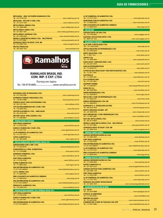 912014 - Nº 12 PIZZAS&MASSAS
GUIA DE FORNECEDORES
METALMAQ - INDS. DE FOGÕES GRAMACHO LTDA.
Tel.: (21) 3774-0720 .......................................................................................www.metalmaq.com.br
METALNOX – MTX IND. E COM. LTDA.
Tel.: (21) 2472-1300........................................................................................ www.metalnox.com.br
METALÚRGICA JORDAN LTDA.
Tel.: (31) 2566-5999 ....................................................................................www.metaljordan.com.br
METALÚRGICA LISBOA LTDA.
Tel.: (31) 3621-1261 ..........................................................................www.metalurgicalisboa.com.br
METALÚRGICA VENÂNCIO LTDA.
Tel.: (51) 3793-4300............................................................................... www.venanciometal.com.br
MODELO LABOR METALURGICA LTDA. - MULTIFRITAS
Tel.: (11) 3277-4654.....................................................................................www.gruponestis.com.br
OUROGOLD DISTR. DE EQUIP. LTDA. ME
Tel.: (31) 3492-7574 .........................................................................................www.ourogold.com.br
PRATICA PRODUTOS
Tel.: (35) 3449-1200..............................................................................................www.praticabr.com
RAMALHOS BRASIL IND.
COM. IMP. E EXP. LTDA
Fornos em lastro
Tel.: (19) 8179-4565................................www.ramalhos.com.br
ROCHEMAQ COM. DE MÁQUINAS LTDA.
Tel.: (51) 3325-3095 .......................................................................................www.rochemaq.com.br
SUPREMAX FORNOS E MÁQUINAS LTDA.
Tel.: (19) 3873-4668 ....................................................................................... www.supremax.com.br
TEDESCO EQUIP. PARA GASTRONOMIA LTDA.
Tel.: (54) 2101-1900..............................................................................................www.tedesco.ind.br
TITÃ ELETROCOMERCIAIS IND. E COM. LTDA.
Tel.: (16) 3508-7000...................................................................................................www.tita.com.br
VECTOR PLASTIMETAL LTDA. - ARKE EQUIP.
Tel.: (54) 3218-3700.................................................................................................www.arke.com.br
WICTORY EQUIP. PARA COZINHA LTDA.
Tel.: (11) 4390-8807...........................................................................................www.ltedesco.com.br
FRANGO COZIDO E DESFIADO
FORT FRIOS ALIMENTOS
Tel.: (11) 3732-0790............................................................................................www.fortfrios.com.br
GARCIA E RUBENS IND. E COM. LTDA.
Tel.: (11) 2137-1191......................................................................................www.rgalimentos.com.br
LC-SP COMERCIAL DE ALIMENTOS LTDA.
Tel.: (11) 2131-1515..........................................................................................www.laporcela.com.br
VAPZA ALIMENTOS S.A.
Tel.: (41) 3362-6466 .............................................................................................. www.vapza.com.br
FRUTAS (CONGELADAS, EM CONSERVA, SECAS, ETC.)
AMENDOCERES COM. E IMP. LTDA.
Tel.: (11) 3228-6276.................................................................................. www.amendoceres.com.br
CONIEXPRESS S.A. INDS. ALIMENTÍCIAS
Tel.: (11) 4133-8888............................................................................................... www.quero.com.br
DOMONDO COMERCIAL LTDA.
Tel.: (11) 4193-4099.......................................................................................www.centroflora.com.br
FORT FRIOS ALIMENTOS
Tel.: (11) 3732-0790............................................................................................www.fortfrios.com.br
FUGINI ALIMENTOS LTDA.
Tel.: (11) 3865-2456............................................................................................... www.fugini.com.br
HDS DISTRIBUIDORA DE ALIMENTOS LTDA.
(11) 011 5181-6464011 ........................................................................ www.hdsdistribuidora.com.br
I.C.P.A. CEPÊRA LTDA.
Tel.: (11) 4646-4600..............................................................................................www.cepera.com.br
PMG ATACADISTA DE ALIMENTOS E BEBIDAS
Tel.: (11) 5645-0000 ................................................................................................ www.pmg.com.br
HDS DISTRIBUIDORA DE ALIMENTOS LTDA.
(11) 011 5181-6464011 ........................................................................ www.hdsdistribuidora.com.br
PREDILECTA ALIMENTOS LTDA.
Tel.: (16) 3383-4100 ....................................................................................... www.predilecta.com.br
FRUTOS DO MAR (CAMARÃO, LULA, MARISCO, POLVO, ETC.)
FORT FRIOS ALIMENTOS
Tel.: (11) 3732-0790............................................................................................www.fortfrios.com.br
GARCIA E RUBENS IND. E COM. LTDA.
Tel.: (11) 2137-1191......................................................................................www.rgalimentos.com.br
HDS DISTRIBUIDORA DE ALIMENTOS LTDA.
(11) 011 5181-6464011 ........................................................................ www.hdsdistribuidora.com.br
LC-SP COMERCIAL DE ALIMENTOS LTDA.
Tel.: (11) 2131-1515..........................................................................................www.laporcela.com.br
MARCOMAR COM.DE ALIMENTOS LTDA.
Tel.: (11) 5098-9200........................................................................................www.marcomar.com.br
PMG ATACADISTA DE ALIMENTOS E BEBIDAS
Tel.: (11) 5645-0000 ................................................................................................ www.pmg.com.br
GÁS BUTANO
COPAGAZ DISTR. DE GÁS LTDA.
Tel.: (11) 2163-3900........................................................................................... www.copagaz.com.br
NACIONAL GÁS BUTANO DISTR. LTDA.
Tel.: 0800 702 1200.....................................................................................www.nacionalgas.com.br
GELADEIRAS E FREEZERES
ALJA COM. E INSTALAÇÃO LTDA.
Tel.: (11) 2744-2200......................................................................................www.alja.com.br
ÁRTICO INDÚSTRIA DE REFRIGERAÇÃO LTDA.
Tel.: (47) 3334-8200...............................................................................................www.artico.com.br
BERTA INDUSTRIAL LTDA.
Tel.: 11 2901-1514................................................................................................... www.berta.com.br
COPOS E CIA.
Tel.: (12) 3939-4544 ....................................................................................... www.coposecia.com.br
COZIX EQUIP. E SERVIÇOS INDS. LTDA.
Tel.: (34) 3231-9700 ................................................................................................www.cozix.com.br
DAKO ELETRODOMÉSTICOS
Tel.: (11) 4004-0113 .................................................................................................www.dako.com.br
DI PRATOS MULTINOX EQUIP. PARA RESTAURANTES LTDA.
Tel.: (11) 3311-1800 ........................................................................................... www.dipratos.com.br
ELECTROLUX
Tel.: (11) 3094-2261........................................................................................ www.electrolux.com.br
ELVI COZINHAS INDS.
Tel.: (11) 2181-3922...................................................................................................www.elvi.com.br
EQUIPORT FIAMMA
Tel.: (11) 2063-8571..............................................................................www.equiportfiamma.com.br
ESMALTEC S.A.
Tel.: (85) 3299-8902 .........................................................................................www.esmaltec.com.br
FRIGER REFRIGERAÇÃO LTDA.
Tel.: (41) 4390-8814 ............................................................................................... www.friger.com.br
FRILUX IND. E COM. DE REFRIGERAÇÃO LTDA.
Tel.: (47) 3642-0101.................................................................................................. www.frilux.ind.br
FRIMAX REFRIGERAÇÃO LTDA. ME
Tel.: (11) 4390-8815.....................................................................................www.frimaxbrasil.com.br
KLIMAQUIP S. A. TECNOLOGIA DO FRIO
Tel.: (35) 3422-0032....................................................................................... www.klimaquip.com.br
MARTA CRESCENZ HAUBER - EPP
Tel.: (47) 3026-3755 ...................................................................................... www.macanuda.com.br
MAX FREEZER IND. E COM. RERIGERAÇÃO LTDA.
Tel.: (11) 2647-2690...................................................................................... www.maxfreezer.com.br
MAX IND. METALÚRGICA LTDA.
Tel.: (54) 3213 8000.............................................................................................www.tomasi.com.br
MODELO LABOR METALURGICA LTDA. - MULTIFRITAS
Tel.: (11) 3277-4654.....................................................................................www.gruponestis.com.br
OUROGOLD DISTR. DE EQUIP. LTDA. ME
Tel.: (31) 3492-7574 .........................................................................................www.ourogold.com.br
GORDURA ANIMAL (BANHA)
ABOISSA REPRESENTAÇÕES SS LTDA.
Tel.: (11) 3353-3000 ........................................................................................... www.aboissa.com.br
FORT FRIOS ALIMENTOS
Tel.: (11) 3732-0790............................................................................................www.fortfrios.com.br
HDS DISTRIBUIDORA DE ALIMENTOS LTDA.
(11) 011 5181-6464011 ........................................................................ www.hdsdistribuidora.com.br
LC-SP COMERCIAL DE ALIMENTOS LTDA.
Tel.: (11) 2131-1515..........................................................................................www.laporcela.com.br
PMG ATACADISTA DE ALIMENTOS E BEBIDAS
Tel.: (11) 5645-0000 ................................................................................................ www.pmg.com.br
GORDURA VEGETAL HIDROGENADA
ABOISSA REPRESENTAÇÕES SS LTDA.
Tel.: (11) 3353-3000 ........................................................................................... www.aboissa.com.br
BUNGE ALIMENTOS S.A.
Tel.: (47) 3331-2222 .............................................................................www.bungealimentos.com.br
CANDON ADITIVOS PARA ALIMENTOS LTDA.
Tel.: (45) 3284-1700............................................................................................www.candon.com.br
FORT FRIOS ALIMENTOS
Tel.: (11) 3732-0790............................................................................................www.fortfrios.com.br
LC-SP COMERCIAL DE ALIMENTOS LTDA.
Tel.: (11) 2131-1515..........................................................................................www.laporcela.com.br
ROMANUS SOLUÇÕES TECNOLÓGICAS
Tel.: (41) 3032-1910.....................................................................www.romanusingredientes.com.br
GUARDANAPOS/TOALHAS DE MESA
A.S. TEXTIL
Tel.: (47) 3373-9999 ........................................................................................www.asjaragua.com.br
AVENTAL & COMPANHIA
Tel.: (11) 3227-5034...........................................................................................www.aventalecia.com
EMPÓRIO SOLUÇÃO
Tel.: (11) 4427-3320..............................................................................www.emporiosolucao.com.br
FLORENCE IND. E COM. DE TOALHAS LTDA.-EPP
Tel.: (11) 3341-2858...............................................................................www.toalhasflorence.com.br
 