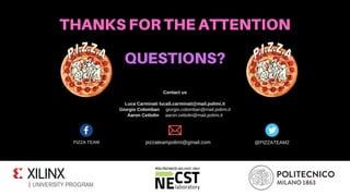 THANKS FOR THE ATTENTION
QUESTIONS?
Contact us
Luca Carminati luca5.carminati@mail.polimi.it
Giorgio Colomban giorgio.colomban@mail.polimi.it
Aaron Cettolin aaron.cettolin@mail.polimi.it
pizzateampolimi@gmail.com @PIZZATEAM2PIZZA TEAM
 
