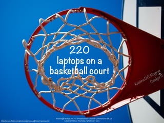 220
                                                         laptops on a
                                                       basketball court                                                                                          Höpp ne
                                                                                                                                                                        r
                                                                                                                                                                           T
                                                                                                                                                             .C.       st I
                                                                                                                                                          naD      taly
                                                                                                                                                     isti        Ca
                                                                                                                                                  Kr




                                                        kristina@catalyst.net.nz	
  ‧	
  Presentation:	
  Creative	
  Commons	
  BY-­‐SA	
  3.0
http://www.ﬂickr.com/photos/93755244@N00/7190004572/             Catalyst	
  IT	
  Pizza	
  Thursday,	
  14	
  February	
  2013
 