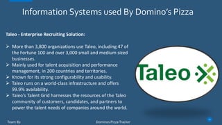 Information Systems used By Domino’s Pizza
Taleo - Enterprise Recruiting Solution:
 More than 3,800 organizations use Taleo, including 47 of
the Fortune 100 and over 3,000 small and medium sized
businesses.
 Mainly used for talent acquisition and performance
management, in 200 countries and territories.
 Known for its strong configurability and usability.
 Taleo runs on a world-class infrastructure and offers
99.9% availability.
 Taleo's Talent Grid harnesses the resources of the Taleo
community of customers, candidates, and partners to
power the talent needs of companies around the world.
Team B2
11
Dominos Pizza Tracker
 