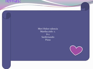 Meri Helen valencia Martha cielo  c. 8-2 Sanfernando  Pizza Temas: 