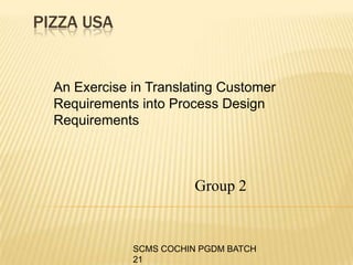 SCMS COCHIN PGDM BATCH
21
PIZZA USA
An Exercise in Translating Customer
Requirements into Process Design
Requirements
Group 2
 