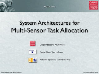 ACITA 2010




                                System Architectures for
                 Multi-Sensor Task Allocation
                                        Diego Pizzocaro, Alun Preece


                                        Fangfei Chen, Tom La Porta


                                        Matthew P. Johnson, Amotz Bar-Noy.




http://users.cs.cf.ac.uk/D.Pizzocaro                                         D.Pizzocaro@cs.cf.ac.uk
 
