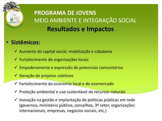 Resultados e Impactos
• Sistêmicos:
 Aumento do capital social, mobilização e cidadania
 Fortalecimento de organizações locais
 Empoderamento e expressão de potenciais comunitários
 Geração de projetos coletivos
 Fortalecimento da economia local e do ecomercado
 Proteção ambiental e uso sustentável de recursos naturais
 Inovação na gestão e implantação de políticas públicas em rede
(governos, ministério público, conselhos, 3º setor, organizações
internacionais, empresas, negócios sociais, etc.)
PROGRAMA DE JOVENS
MEIO AMBIENTE E INTEGRAÇÃO SOCIAL
 