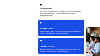 Implementation
We roll out our collaborative strategies, conducting workshops
and training sessions to infuse collaboration into your
organization's DNA.
Progress Tracking
Regular check-ins and performance evaluations ensure we stay
on track and make necessary adjustments.
Celebrate Success
As your organization experiences enhanced collaboration, we
celebrate the milestones achieved together.
 