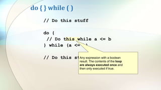 do { } while ( )
// Do this stuff
do {
// Do this while a <= b
} while (a <= b)
// Do this stuff
Any expression with a boolean
result. The contents of the loop
are always executed once and
then only executed if true.
 
