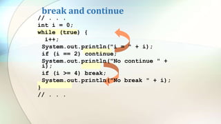 break and continue
// . . .
int i = 0;
while (true) {
i++;
System.out.println("i = " + i);
if (i == 2) continue;
System.out.println("No continue " +
i);
if (i >= 4) break;
System.out.println("No break " + i);
}
// . . .
 