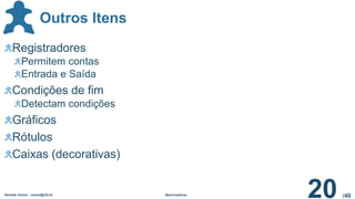 /40
Outros Itens
Geraldo Xexéo - xexeo@ufrj.br Machinations
20
Registradores
Permitem contas
Entrada e Saída
Condições de fim
Detectam condições
Gráficos
Rótulos
Caixas (decorativas)
 