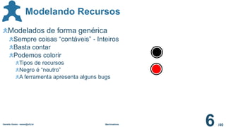 /40
Modelando Recursos
Geraldo Xexéo - xexeo@ufrj.br Machinations
6
Modelados de forma genérica
Sempre coisas “contáveis” - Inteiros
Basta contar
Podemos colorir
Tipos de recursos
Negro é “neutro”
A ferramenta apresenta alguns bugs
 
