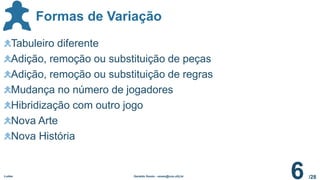 /28
Formas de Variação
Ludes Geraldo Xexéo - xexeo@cos.ufrj.br
6
Tabuleiro diferente
Adição, remoção ou substituição de peças
Adição, remoção ou substituição de regras
Mudança no número de jogadores
Hibridização com outro jogo
Nova Arte
Nova História
 