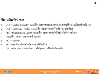31.เข้าใจนโยบาย 2. กาหนดหัวข้อ
เรื่องที่ต้องทา
3. กาหนดวิธีการ 4.ออกแบบวิธีการ 5. ดำเนินกำร 6. ตรวจสอบผล 7.นาเข้าสู่งาน
ประจาวัน
8. วำงแผนอนำคต
นิยามศัพท์เฉพาะ
1. QCS = Quality Control System คือ ระบบควบคุมคุณภำพกระดำษตำมที่กำหนดด้วยอุปกรณ์ต่ำงๆ
2. DCS = Distributed Control System คือ ระบบควบคุมเครื่องจักรแบบศูนย์รวม
3. PLC = Programmable Logic Control คือ ระบบควบคุมจัดเรียงลำดับขั้นกำรทำงำน
4. Drive คือ ระบบควบคุมควำมเร็วมอเตอร์
5. ECO = Ecology
6. ECO Fiber คือ เครื่องผลิตเยื่อกระดำษรีไซด์เคิล
7. OPL = One Point Lesson คือ กำรแก้ปัญหำแบบใช้เคล็ดลับจุดเดียว
 