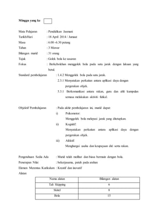 Minggu yang ke
Mata Pelajaran : Pendidikan Jasmani
Tarikh/Hari : 18 April 2014 / Jumaat
Masa : 6.00 -6.30 petang
Tahun : 3 Mawar
Bilangan murid : 31 orang
Tajuk : Golek bola ke sasaran
Fokus : Berkebolehan menggolek bola pada satu jarak dengan lakuan yang
betul.
Standard pembelajaran : 1.4.2 Menggolek bola pada satu jarak.
2.3.1 Menyatakan perkaitan antara aplikasi daya dengan
pergerakan objek.
5.3.1 Berkomunikasi antara rakan, guru dan ahli kumpulan
semasa melakukan aktiviti fizikal.
Objektif Pembelajaran : Pada akhir pembelajaran ini, murid dapat:
i) Psikomotor:
Menggolek bola melepasi jarak yang ditetapkan.
ii) Kognitif:
Menyatakan perkaitan antara aplikasi daya dengan
pergerakan objek.
iii) Afektif:
Menghargai usaha dan keupayaan diri serta rakan.
Pengetahuan Sedia Ada : Murid telah melihat dan biasa bermain dengan bola.
Penerapan Nilai : bekerjasama, patuh pada arahan
Elemen Merentas Kurikulum : Kreatif dan inovatif
Alatan
Nama alatan Bilangan alatan
Tali Skipping 6
Skitel 8
Bola 15
 