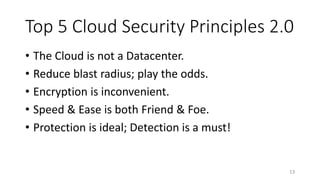 Top 5 Cloud Security Principles 2.0
• The Cloud is not a Datacenter.
• Reduce blast radius; play the odds.
• Encryption is inconvenient.
• Speed & Ease is both Friend & Foe.
• Protection is ideal; Detection is a must!
13
 