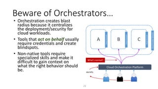 Beware of Orchestrators…
22
• Orchestration creates blast
radius because it centralizes
the deployment/security for
cloud workloads.
• Tools that act on behalf usually
require credentials and create
blindspots.
• Non-native tools require
specialized skills and make it
difficult to gain context on
what the right behavior should
be.
Cloud Orchestration Platform
CloudProviderNetwork
A B C
CloudAccount
CloudAccount
CloudAccount
secrets
What’s normal?
 