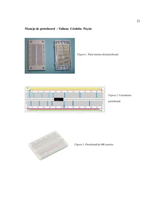 21
Manejo de protoboard - Yuliana Córdoba Payán
Figura 1. Parte interna del protoboard.
Figura 2. Conexiones
protoboard.
Figura 3. Protoboard de 400 puntos.
 