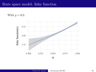 State space model: fishy function
With y = 0.5:
3.75
4.00
4.25
0.900 0.925 0.950 0.975 1.000
α
fishy
function(x)
Pierre E. Jacob Debiasing MCMC 56
 