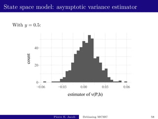 State space model: asymptotic variance estimator
With y = 0.5:
0
20
40
−0.06 −0.03 0.00 0.03 0.06
estimator of v(P,h)
count
Pierre E. Jacob Debiasing MCMC 58
 