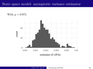 State space model: asymptotic variance estimator
With y = 0.975:
0
20
40
0.001 0.002 0.003 0.004 0.005 0.006
estimator of v(P,h)
count
Pierre E. Jacob Debiasing MCMC 59
 