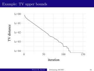Example: TV upper bounds
1e−04
1e−03
1e−02
1e−01
1e+00
0 50 100 150
iteration
TV
distance
Pierre E. Jacob Debiasing MCMC 31
 