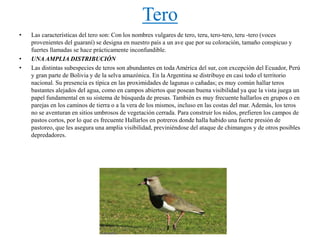Tero
• Las características del tero son: Con los nombres vulgares de tero, teru, tero-tero, teru -tero (voces
provenientes del guaraní) se designa en nuestro país a un ave que por su coloración, tamaño conspicuo y
fuertes llamadas se hace prácticamente inconfundible.
• UNA AMPLIA DISTRIBUCIÓN
• Las distintas subespecies de teros son abundantes en toda América del sur, con excepción del Ecuador, Perú
y gran parte de Bolivia y de la selva amazónica. En la Argentina se distribuye en casi todo el territorio
nacional. Su presencia es típica en las proximidades de lagunas o cañadas; es muy común hallar teros
bastantes alejados del agua, como en campos abiertos que posean buena visibilidad ya que la vista juega un
papel fundamental en su sistema de búsqueda de presas. También es muy frecuente hallarlos en grupos o en
parejas en los caminos de tierra o a la vera de los mismos, incluso en las costas del mar. Además, los teros
no se aventuran en sitios umbrosos de vegetación cerrada. Para construir los nidos, prefieren los campos de
pastos cortos, por lo que es frecuente Hallarlos en potreros donde halla habido una fuerte presión de
pastoreo, que les asegura una amplia visibilidad, previniéndose del ataque de chimangos y de otros posibles
depredadores.
 