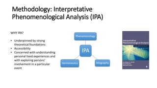 Methodology: Interpretative
Phenomenological Analysis (IPA)
WHY IPA?
• Underpinned by strong
theoretical foundations
• Accessibility
• Concerned with understanding
personal lived experiences and
with exploring persons’
involvement in a particular
event
IPA
Phenomenology
IdiographyHermeneutics
 