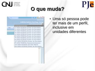 O que muda?
      ●   Uma só pessoa pode
          ter mais de um perfil,
          inclusive em
          unidades diferentes
 