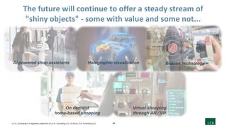 16L.E.K. Consulting is a registered trademark of L.E.K. Consulting LLC. © 2019 L.E.K. Consulting LLC
Where do we go from here?The future will continue to offer a steady stream of
"shiny objects" - some with value and some not...
AI-powered shop assistants Holographic visualization
On demand
home-based shopping
Virtual shopping
through AR / VR
Beacon technology
 