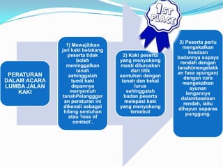 3) Peserta perlu
                1) Mewajibkan                            mengekalkan
              jari kaki belakang                            keadaan
                 peserta tidak       2) Kaki peserta   badannya supaya
                     boleh         yang menyokong       rendah dengan
                meninggalkan       mesti diluruskan    tanah(mengelakk
                     tanah               dari titik    an fasa apungan)
 PERATURAN       sehinggalah       sentuhan dengan        dengan cara
DALAM ACARA        tumit kaki       tanah dan kekal      mengekalkan
LUMBA JALAN        depannya                lurus             ayunan
    KAKI          menyentuh           sehinggalah          lengannya
              tanahPelangggar        badan peserta       dalamkeadaan
               an peraturan ini       melepasi kaki       rendah, iaitu
               dikenali sebagai    yang menyokong      dihayun separas
               hilang sentuhan           tersebut          punggung.
                 atau ‘loss of
                    contact’.
 