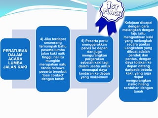 Kelajuan dicapai
                                                          dengan cara
                                                       melangkah dengan
                                                             laju iaitu
                                                       mengantikan kaki
              4) Jika terdapat                          yang melangkah
                                    5) Peserta perlu
                  seseorang                              secara pantas
                                    menggerakkan
             ternampak bahu                             Langkahan yang
                                    pelvis ke depan
PERATURAN      peserta lumba                              dibuat adalah
                                        dan juga
  DALAM        jalan kaki naik                             pendek dan
                                    mengurangkan
                tinggi, hal itu
  ACARA            mungkin
                                       pergerakan       pantas, dengan
  LUMBA                            sebelah kaki lagi    daya tolakan ke
             merupakan satu                               depan datang
JALAN KAKI                        dalam usaha untuk
               tanda bahawa                             daripada bebola
                                    mencapai daya
             peserta tersebut                            kaki, yang juga
                                  landaran ke depan
                ‘loss contact’                                 dapat
                                   yang maksimum
                dengan tanah                             mengurangkan
                                                          risiko hilang
                                                       sentuhan dengan
                                                               tanah
 