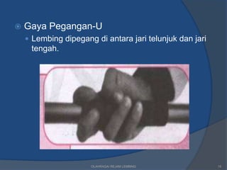    Gaya Pegangan-U
     Lembing dipegang di antara jari telunjuk dan jari
     tengah.




                      OLAHRAGA/ REJAM LEMBING             15
 