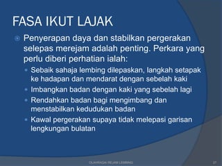 FASA IKUT LAJAK
   Penyerapan daya dan stabilkan pergerakan
    selepas merejam adalah penting. Perkara yang
    perlu diberi perhatian ialah:
     Sebaik sahaja lembing dilepaskan, langkah setapak
      ke hadapan dan mendarat dengan sebelah kaki
     Imbangkan badan dengan kaki yang sebelah lagi
     Rendahkan badan bagi mengimbang dan
      menstabilkan kedudukan badan
     Kawal pergerakan supaya tidak melepasi garisan
      lengkungan bulatan



                      OLAHRAGA/ REJAM LEMBING             27
 