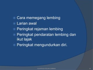  Cara memegang lembing
 Larian awal
 Peringkat rejaman lembing
 Peringkat pendaratan lembing dan
  ikut lajak
 Peringkat mengundurkan diri.




             OLAHRAGA/ REJAM LEMBING   32
 