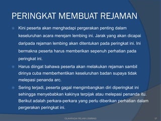 PERINGKAT MEMBUAT REJAMAN
   Kini peserta akan menghadapi pergerakan penting dalam
    keseluruhan acara merejam lembing ini. Jarak yang akan dicapai
    daripada rejaman lembing akan ditentukan pada peringkat ini. Ini
    bermakna peserta harus memberikan sepenuh perhatian pada
    peringkat ini.
   Harus diingat bahawa peserta akan melakukan rejaman sambil
    dirinya cuba memberhentikan keseluruhan badan supaya tidak
    melepasi penanda arc.
   Sering terjadi, peserta gagal mengimbangkan diri diperingkat ini
    sehingga menyebabkan kakinya terpijak atau melepasi penanda itu.
    Berikut adalah perkara-perkara yang perlu diberikan perhatian dalam
    pergerakan peringkat ini.

                            OLAHRAGA/ REJAM LEMBING                       37
 