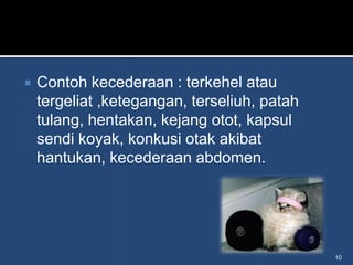    Contoh kecederaan : terkehel atau
    tergeliat ,ketegangan, terseliuh, patah
    tulang, hentakan, kejang otot, kapsul
    sendi koyak, konkusi otak akibat
    hantukan, kecederaan abdomen.




                                              10
 