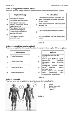 MID SEM 1 2015 PJK TINGKATAN 3 / 1JAM 15MINIT
3
Soalan 14 hingga 17 berdasarkan Jadual 2
Padankan adaptasi fisiologi berdasarkan faedah latihan selepas menjalani latihan kelajuan.
Adaptasi Fisiologi
A
B
C
D
Faedah Latihan
14
Peningkatan kelajuan
pergerakan anggota badan.
Tahap kemahiran motor meningkat dan
boleh melakukan pergerakan kompleks
dengan cepat.
15
Peningkatan koordinasi
anggota badan yang terlibat
dalam kemahiran
Boleh melakukan aktiviti-aktiviti eksplosif
berulang kali.
16
Peningkatan fungsi otot
apabila otot mengalami
hipertrofi iaitu peningkatan
saiz dan jisim otot.
Cepat bertindak balas semasa beraksi
17
Peningkatan kapasiti
anaerobik otot.
Otot menjadi lebih kuat dan tidak mudah
cedera
Jadual 2
Soalan 18 hingga 21 berdasarkan Jadual 3
Padankan prinsip latihan kecergasan fizikal dan kemahiran motor mengikut definisi yang betul.
Prinsip Latihan
A
B
C
D
Definisi
18
Prinsip kekhususan
Program latihan perlu ada
variasi
19
Prinsip ansur maju
Latihan perlu berfokus kepada
peningkatan komponen
kecergasan atau kemahiran
khusus
20 Prinsip beban lebih
Peningkatan intensiti latihan
perlu dilakukan secara
beransur-ansur
21 Prinsip kepelbagaian
Kadar intensiti perlu melebihi
tahap kemampuan untuk
mendapatkan kesan latihan
Jadual 3
Soalan 22 hingga 24
Padankan nama otot yang diberi mengikut label yang diberi pada Rajah 3.
A Deltoid
B Rektus abdominis
C Quadriceps
D Triceps
Rajah 3
24
22
23
 