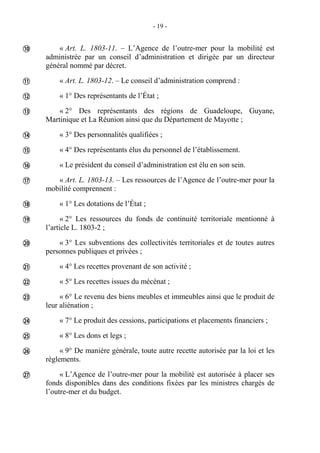 - 19 -
« Art. L. 1803-11. – L’Agence de l’outre-mer pour la mobilité est
administrée par un conseil d’administration et dirigée par un directeur
général nommé par décret.
« Art. L. 1803-12. – Le conseil d’administration comprend :
« 1° Des représentants de l’État ;
« 2° Des représentants des régions de Guadeloupe, Guyane,
Martinique et La Réunion ainsi que du Département de Mayotte ;
« 3° Des personnalités qualifiées ;
« 4° Des représentants élus du personnel de l’établissement.
« Le président du conseil d’administration est élu en son sein.
« Art. L. 1803-13. – Les ressources de l’Agence de l’outre-mer pour la
mobilité comprennent :
« 1° Les dotations de l’État ;
« 2° Les ressources du fonds de continuité territoriale mentionné à
l’article L. 1803-2 ;
« 3° Les subventions des collectivités territoriales et de toutes autres
personnes publiques et privées ;
« 4° Les recettes provenant de son activité ;
« 5° Les recettes issues du mécénat ;
« 6° Le revenu des biens meubles et immeubles ainsi que le produit de
leur aliénation ;
« 7° Le produit des cessions, participations et placements financiers ;
« 8° Les dons et legs ;
« 9° De manière générale, toute autre recette autorisée par la loi et les
règlements.
« L’Agence de l’outre-mer pour la mobilité est autorisée à placer ses
fonds disponibles dans des conditions fixées par les ministres chargés de
l’outre-mer et du budget.


















 