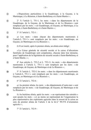 - 21 -
« Dispositions particulières à la Guadeloupe, à la Guyane, à la
Martinique, à La Réunion, à Saint-Barthélemy et à Saint-Martin » ;
2° À l’article L. 751-1, les mots : « dans les départements de la
Guadeloupe, de la Guyane, de la Martinique et de La Réunion » sont
remplacés par les mots : « en Guadeloupe, en Guyane, en Martinique, à La
Réunion, à Saint-Barthélemy et à Saint-Martin » ;
3° À l’article L. 752-1 :
a) Les mots : « dans chacun des départements mentionnés à
l’article L. 751-1 » sont remplacés par les mots : « en Guadeloupe, en
Guyane, en Martinique et à La Réunion » ;
b) Il est inséré, après le premier alinéa, un alinéa ainsi rédigé :
« La Caisse générale de sécurité sociale et la caisse d’allocations
familiales de Guadeloupe sont compétentes, chacune dans leur domaine,
pour l’application de la législation de sécurité sociale à Saint-Barthélemy et
à Saint-Martin. » ;
4° Aux articles L. 752-2 et L. 752-11, les mots : « des départements
mentionnés à l’article L. 751-1 » sont remplacés par les mots : « de
Guadeloupe, de Guyane, de Martinique et de La Réunion » ;
5° À l’article L. 752-5, les mots : « dans les départements mentionnés
à l’article L. 751-1 » sont remplacés par les mots : « en Guadeloupe, en
Guyane, en Martinique et à La Réunion » ;
6° À l’article L. 752-6 :
a) Au premier alinéa, les mots : « des départements d’outre-mer » sont
remplacés par les mots : « de Guadeloupe, de Guyane, de Martinique et de
La Réunion » ;
b) Au huitième alinéa, après les mots : « un représentant des retraités »
sont ajoutés les mots : « et au moins un représentant de l’organisation la
plus représentative des exploitants agricoles dans le ressort de la caisse au
sens du premier alinéa de l’article 2 de la loi n° 99-574 d’orientation
agricole » ;
7° À l’article L. 752-9 :












 